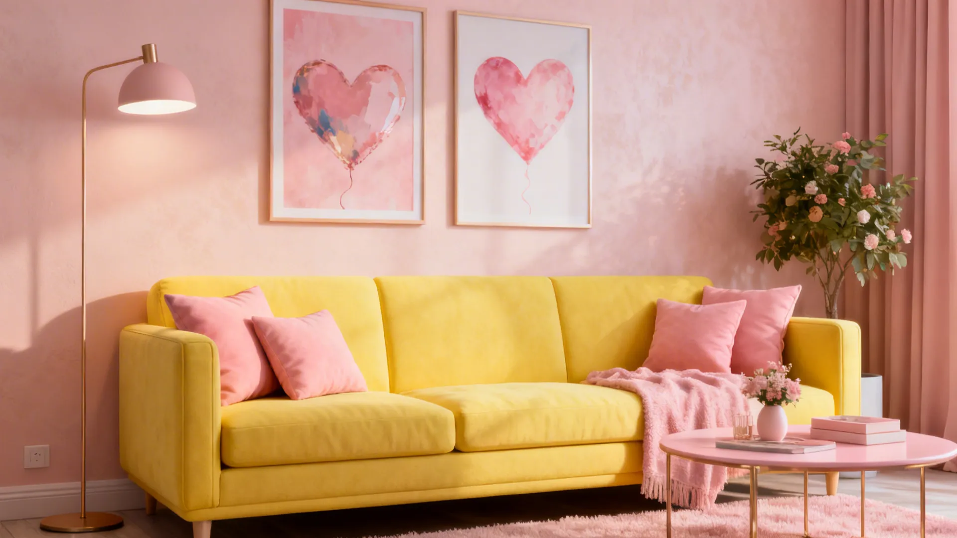 Compact living room with canary yellow and blush pink accents for a modern-romantic look