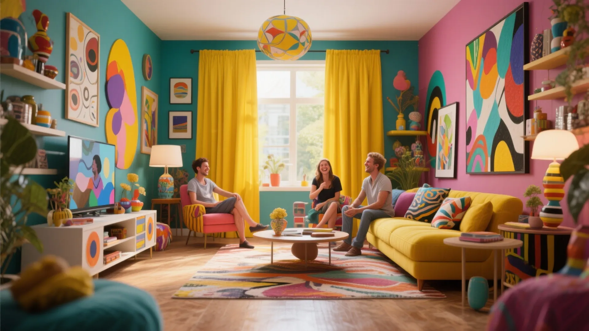 Colorful living room with bright yellow curtains pink walls and people sitting on a sofa