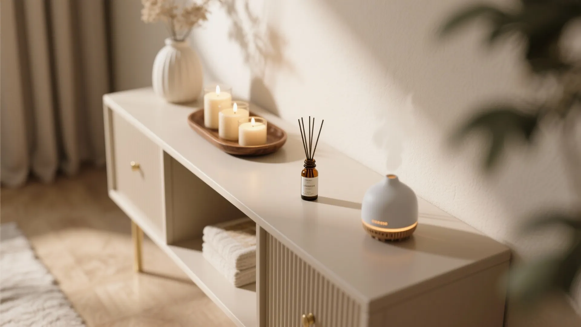 Console table with candle tray and essential oil diffuser