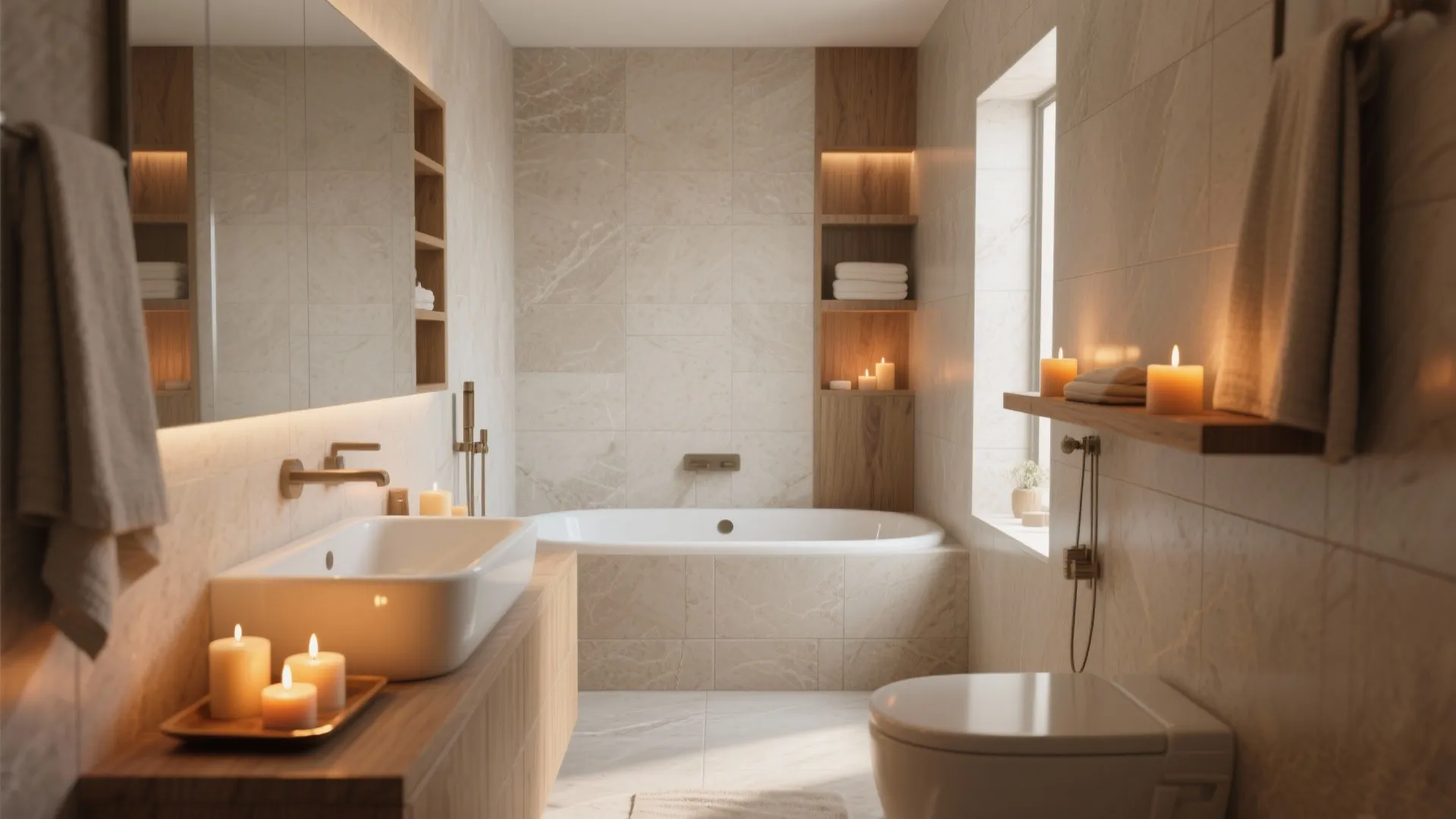 Modern bathroom with bathtub white sink wooden shelves lit candles beige tiles and warm sunlight