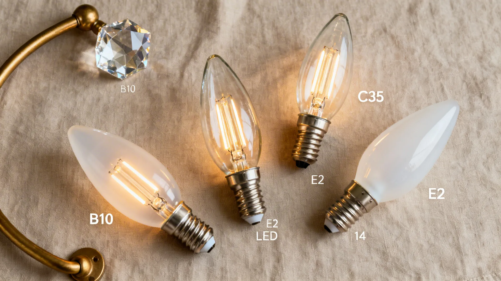 Top-down flatlay of B10, B11, and C35 candle LED bulbs with E12 and E14 bases, clear and frosted.