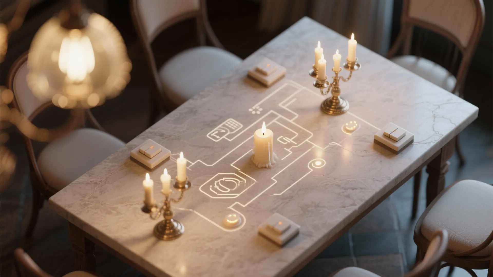 Top-down planning view showing candle-style LED bulbs and dimmer placement over a compact dining layout.