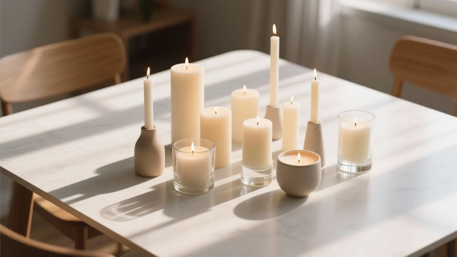 Group of unscented candles of varying heights on dining table
