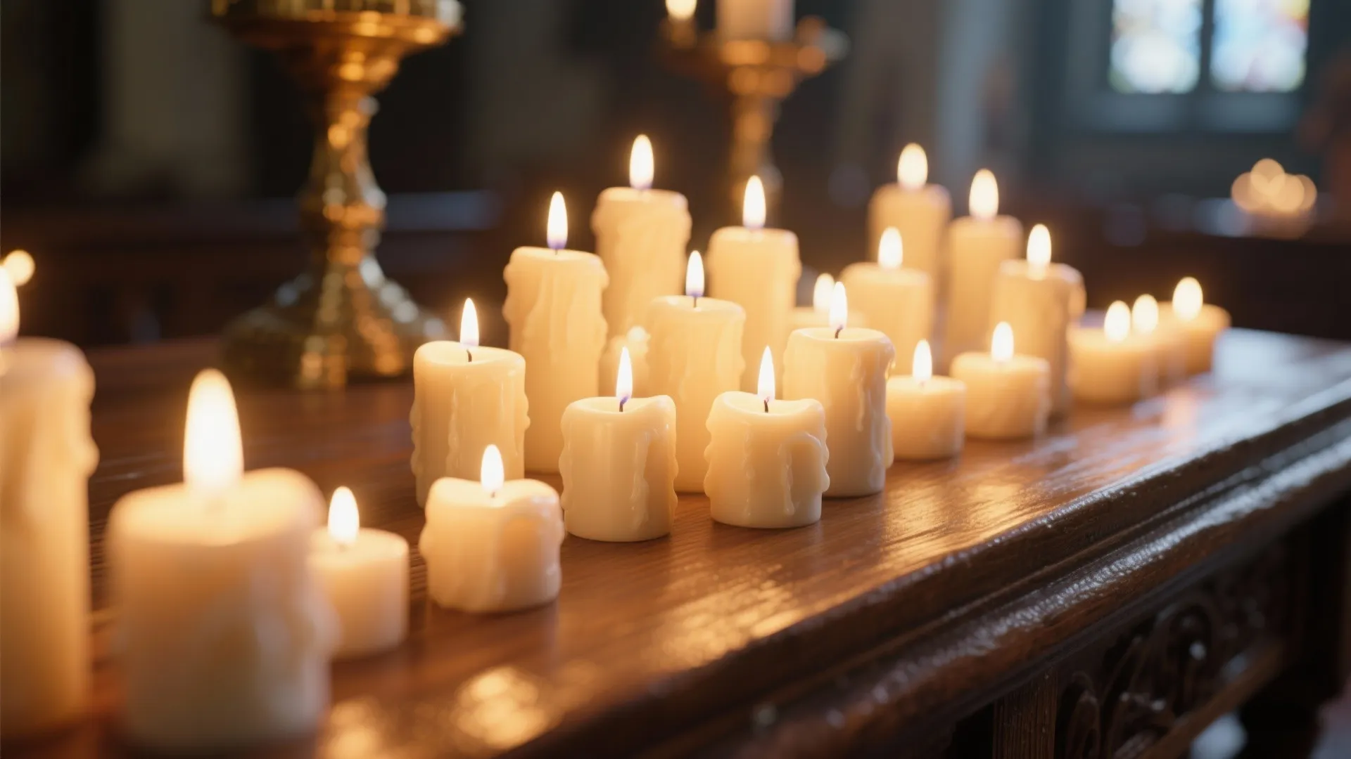 Cluster of LED candles glowing warmly on table