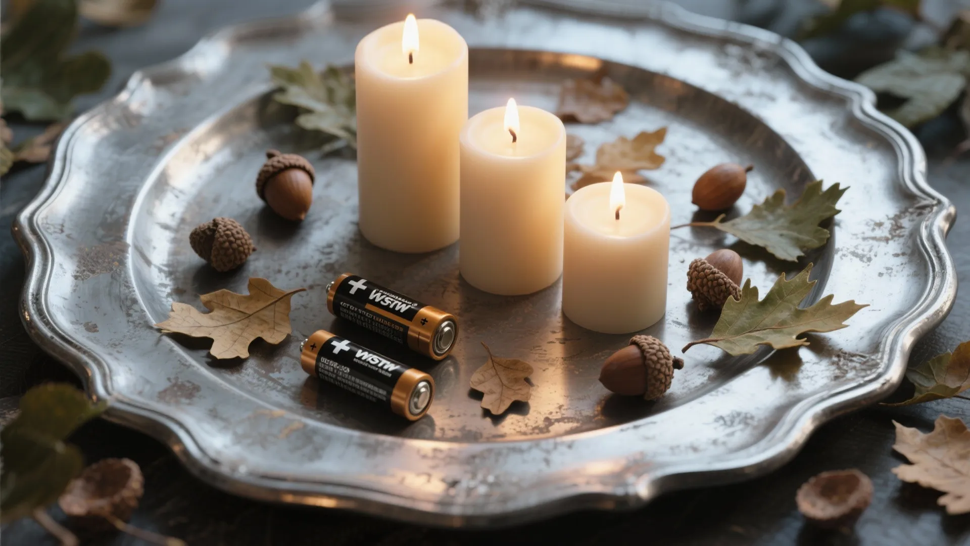 Three lit white pillar candles on a metal tray with batteries acorns and autumn leaves
