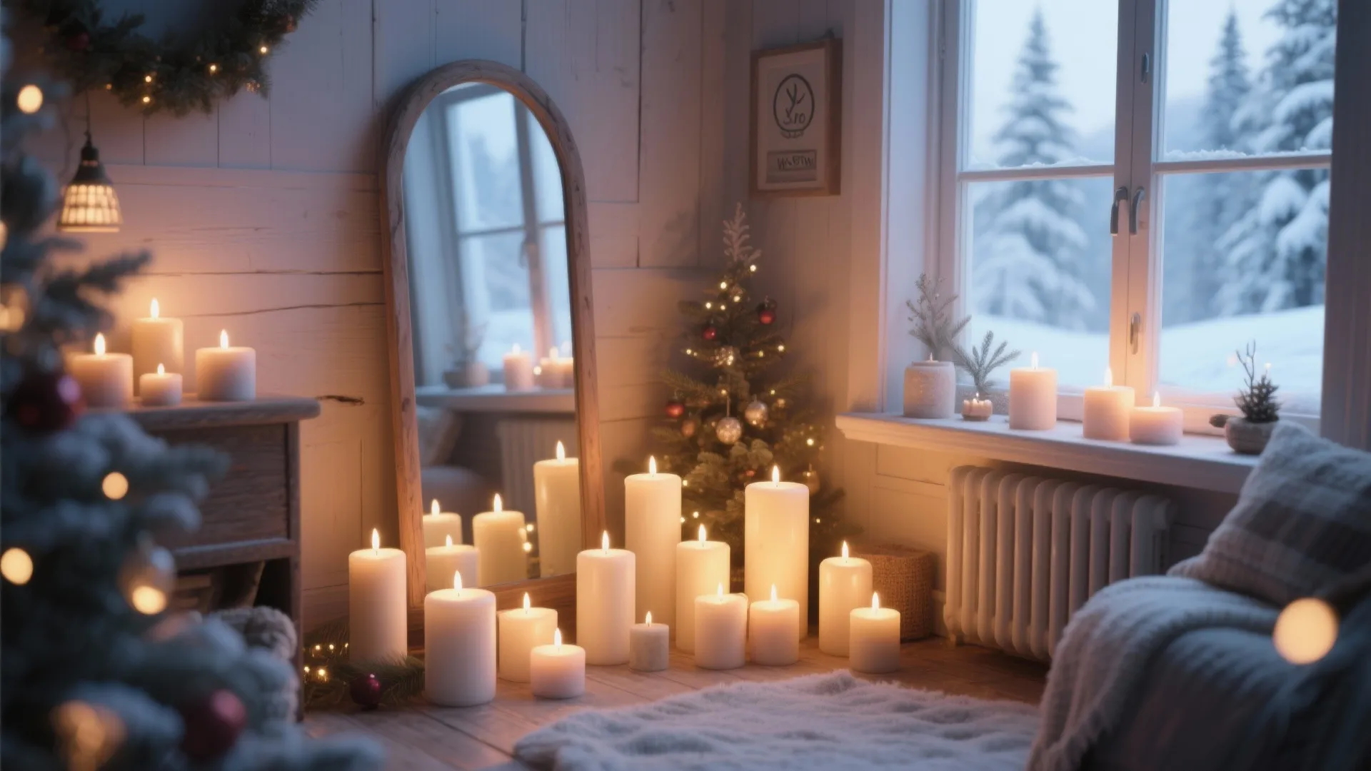 Cozy corner with candles clustered near a mirror and window for Christmas