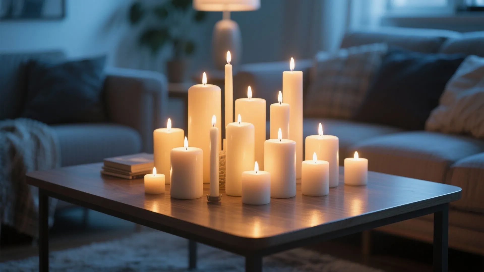 Many lit white pillar candles of different sizes burning on a wooden table in room