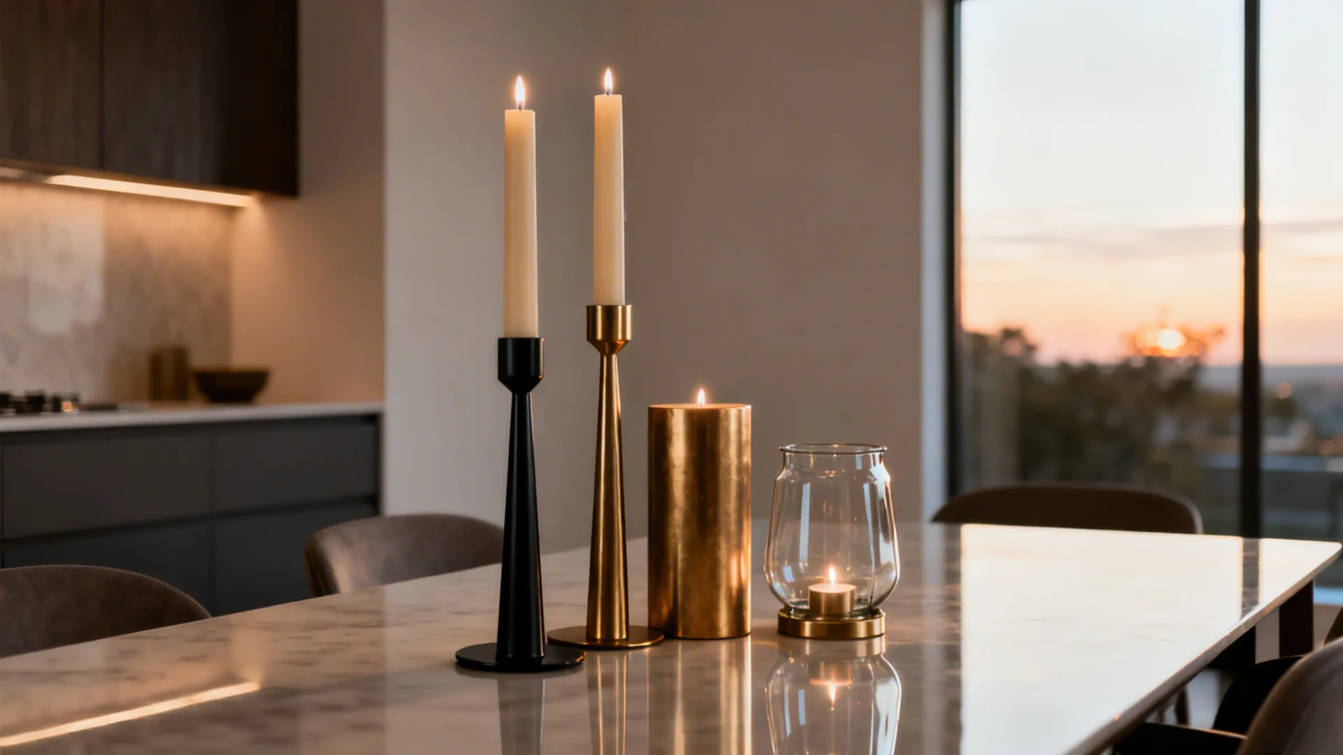 Mixed-height candle cluster with matte black and brass holders on a modern dining table.