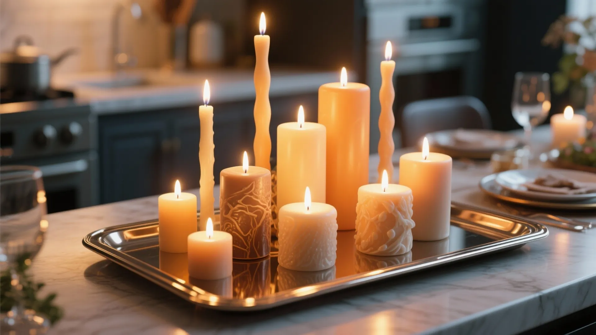 Various burning candles arranged on a metal tray sitting on a marble kitchen island surface