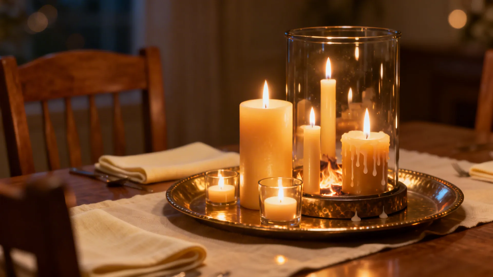 Small dining table with a tray of mixed-height candles in a warm, intimate evening setting with a glass hurricane.