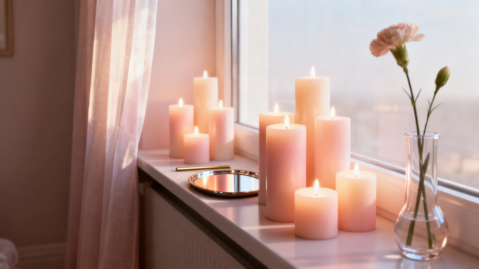 Clustered LED candles reflecting in a mirror tray with a sheer curtain and single-stem vase.
