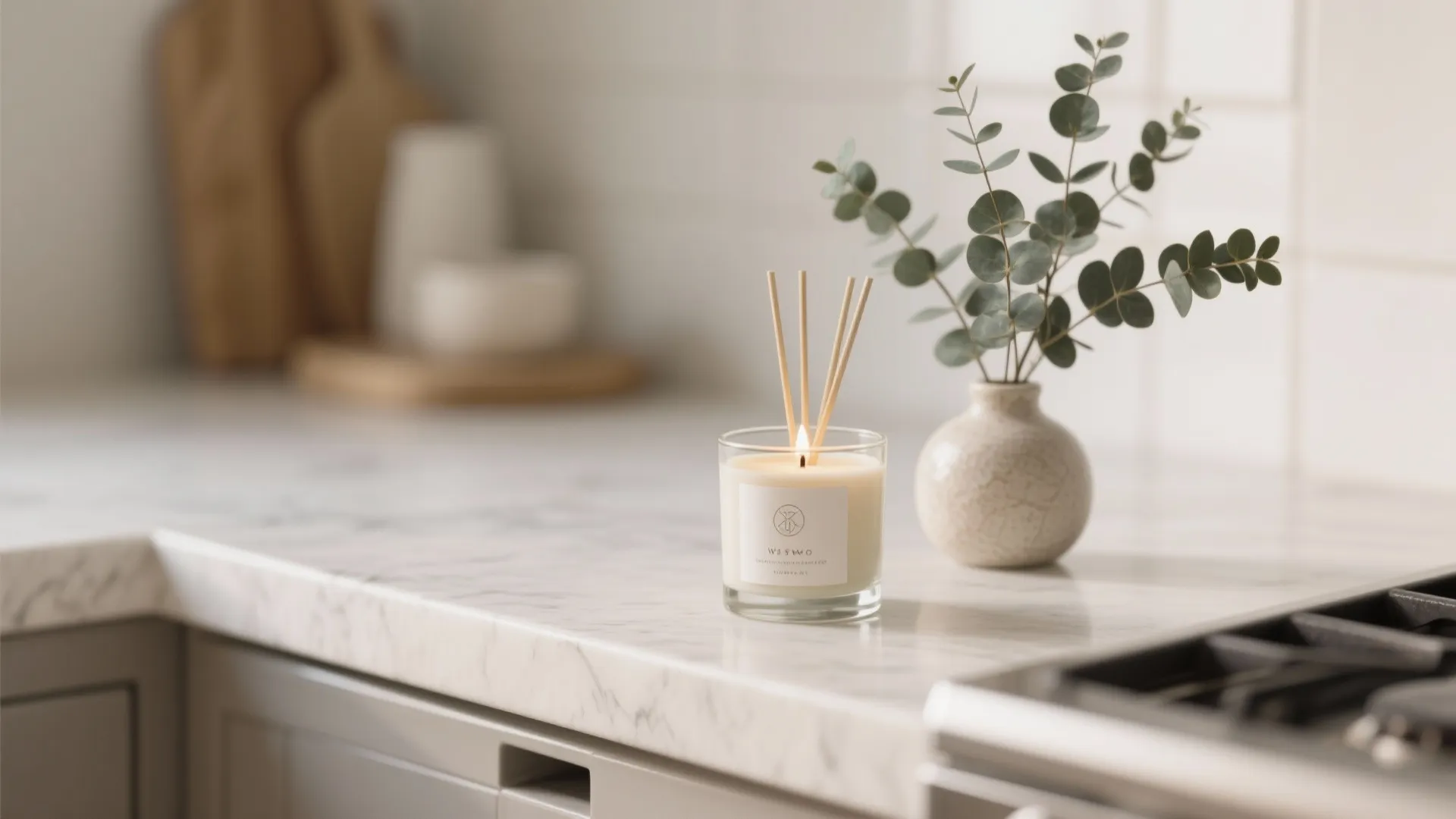 Scented candle in glass jar with wooden sticks on marble kitchen counter next to plant