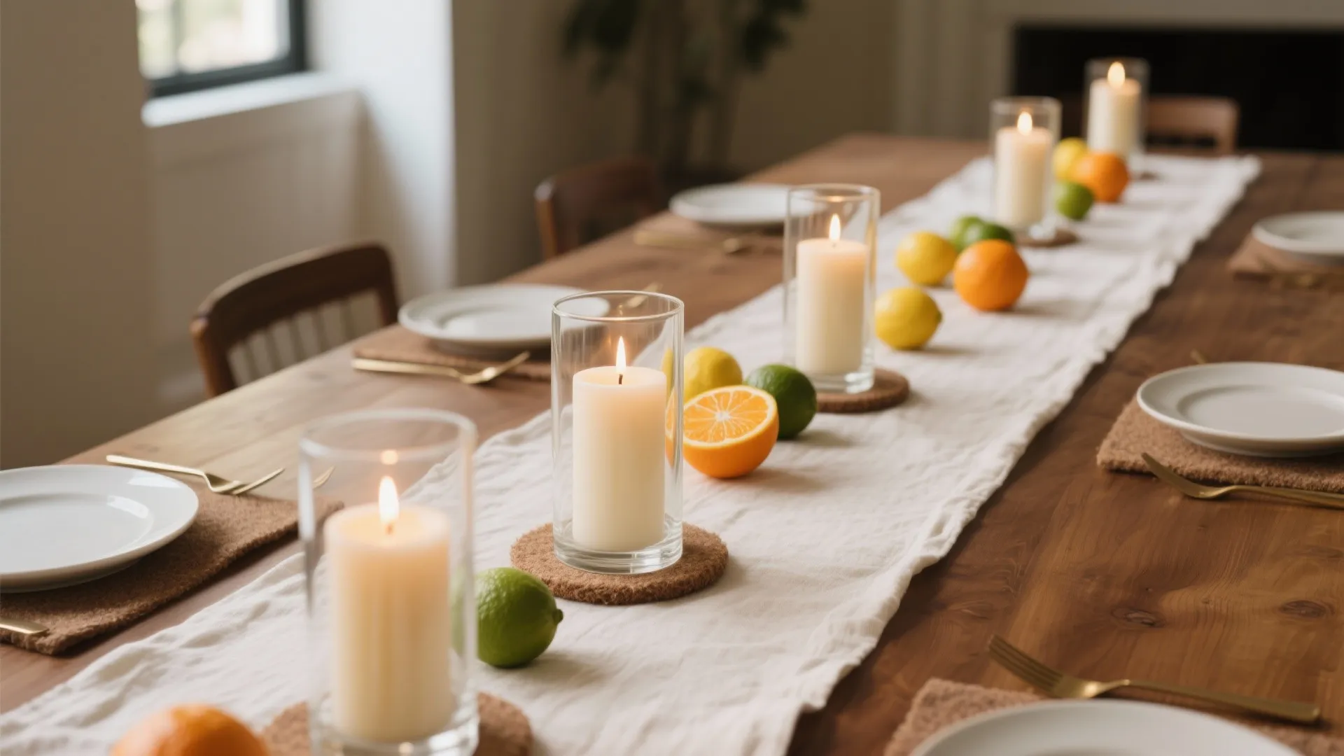 Table setting with white candles in glass holders fresh oranges limes and a white runner
