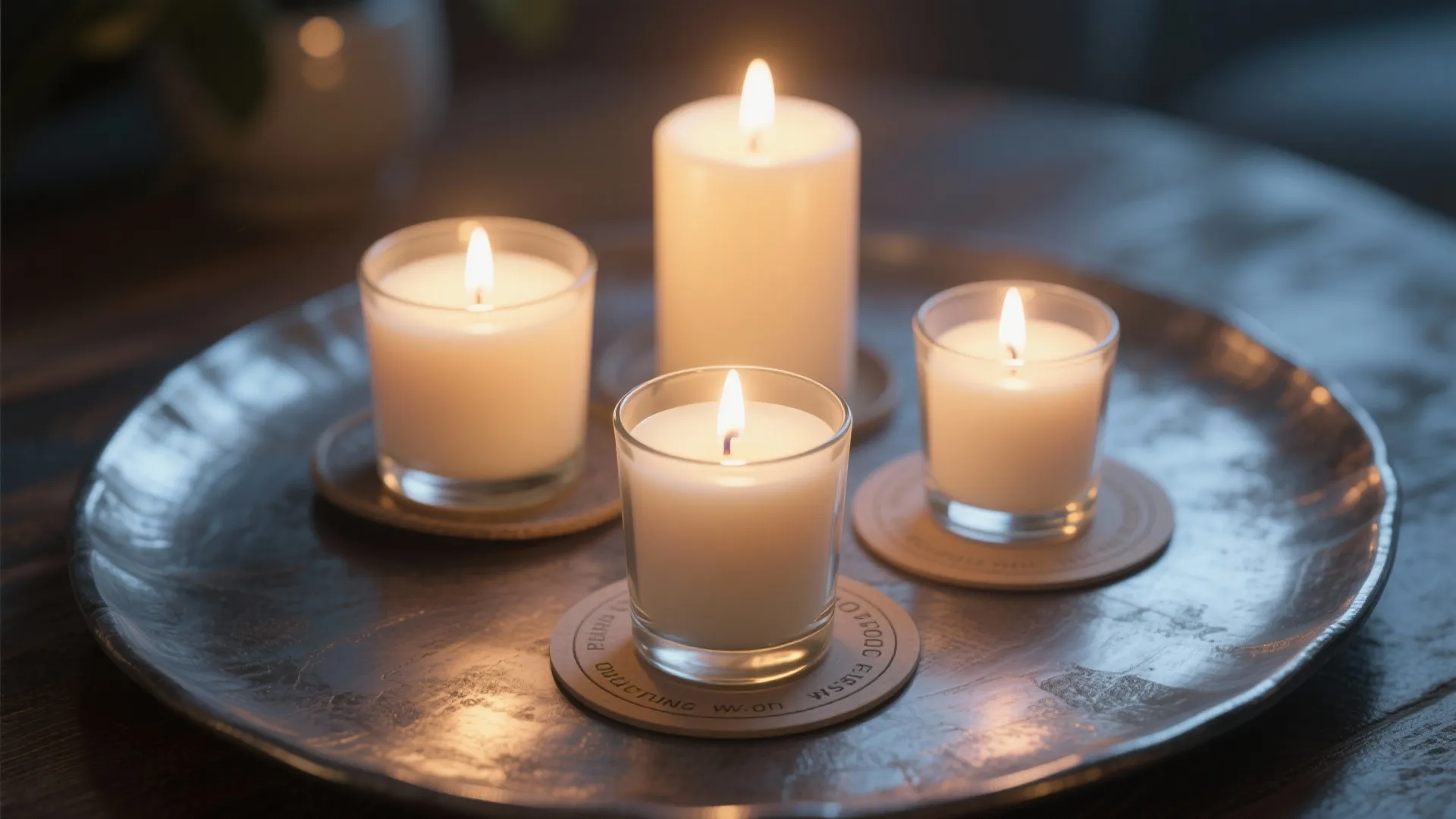 Four lit white candles in glass holders sitting on a round metal tray for decoration