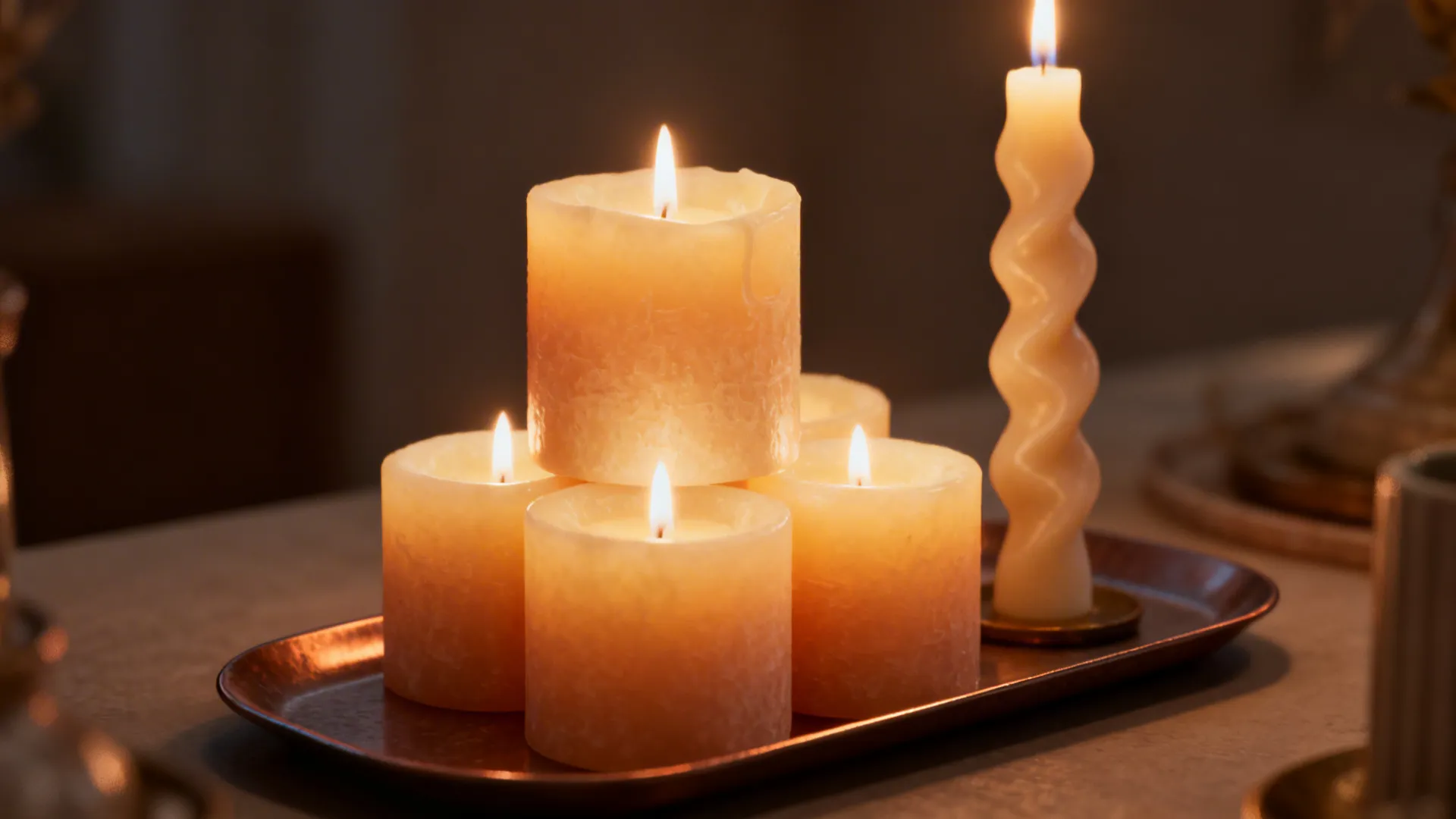 Stacked short pillar candles and a sculptural taper on a slim heat-resistant tray creating warm mood lighting.