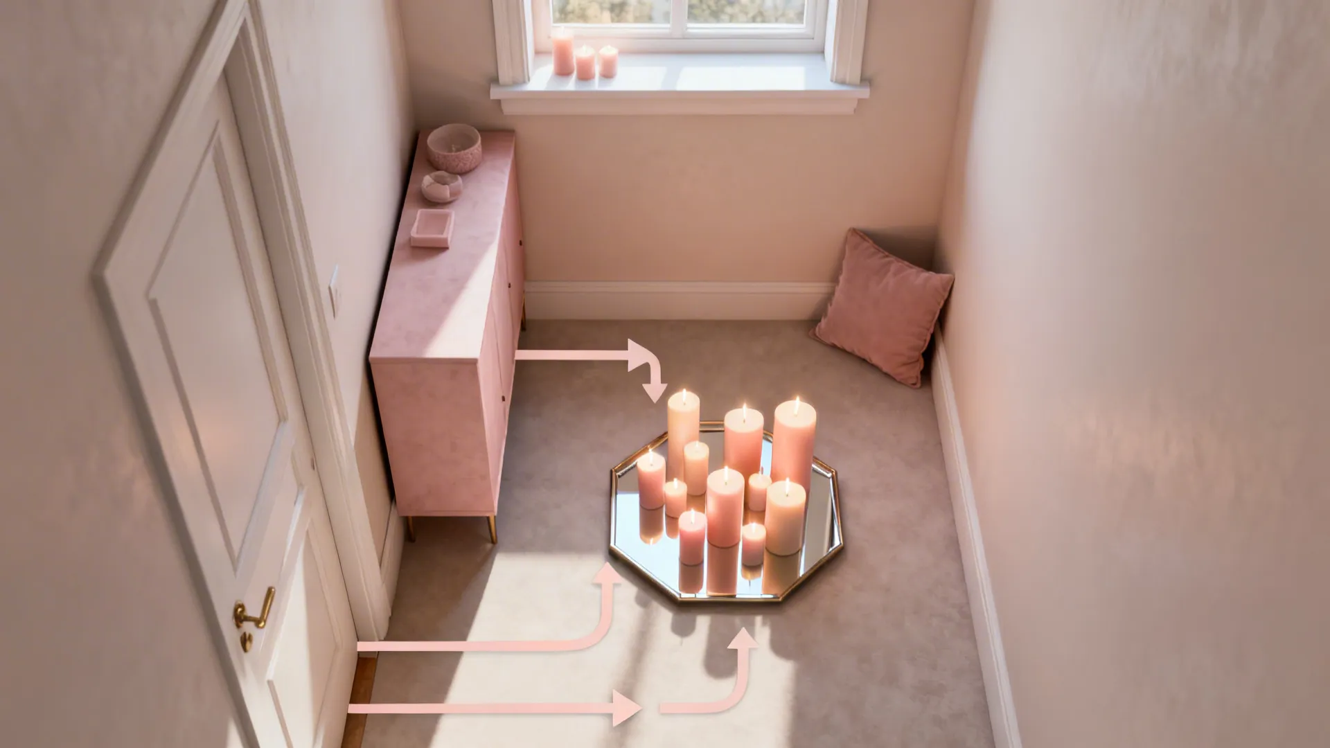 Top-down layout showing LED candle clusters on a console and windowsill with clear pathways.