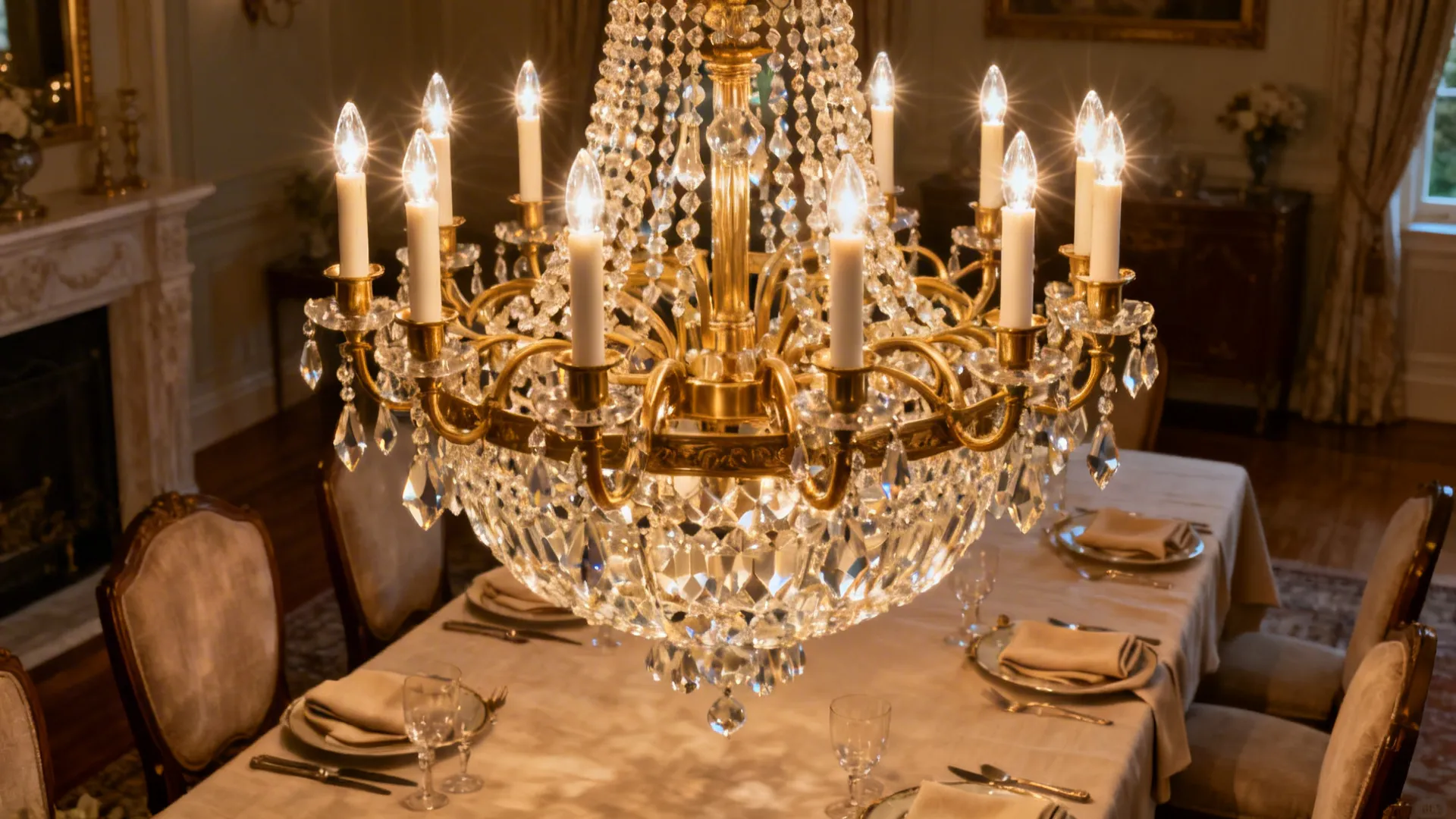 Elegant crystal chandelier with slender candle-shaped LED bulbs casting a warm glow above a dining table.