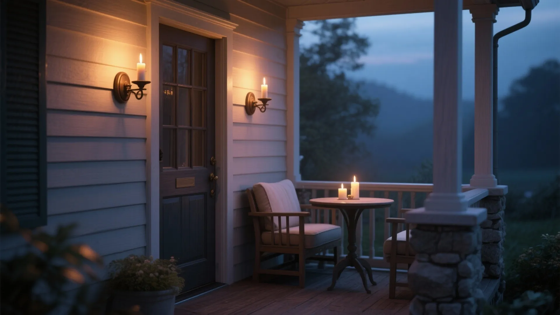 Porch nook lit by candle-style LED sconces creating a romantic twilight atmosphere