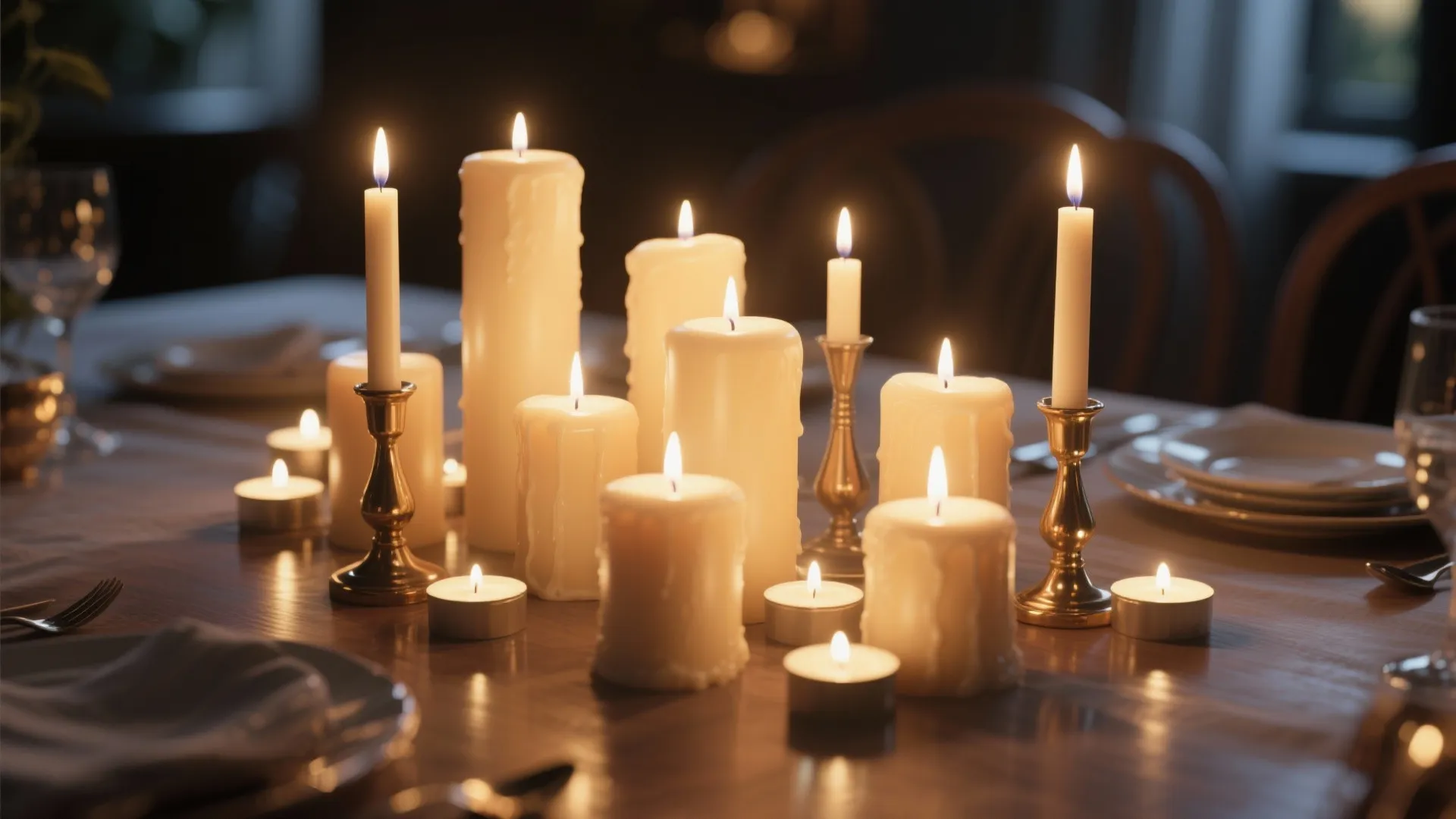 Group of lit white wax candles in various heights on a wooden table during dinner