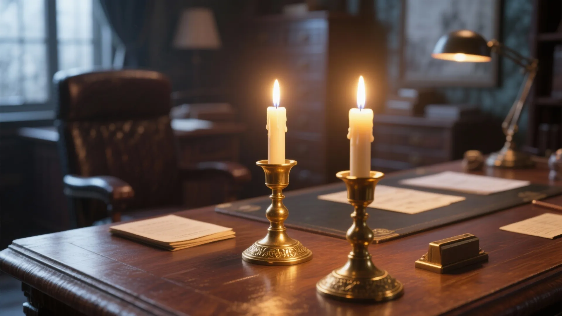 Two burning candles in gold holders sit on a dark wooden desk with leather chair