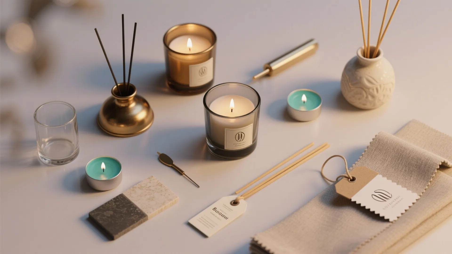 Table flat lay with scented candles in glass jars fragrance sticks and small stone tile samples