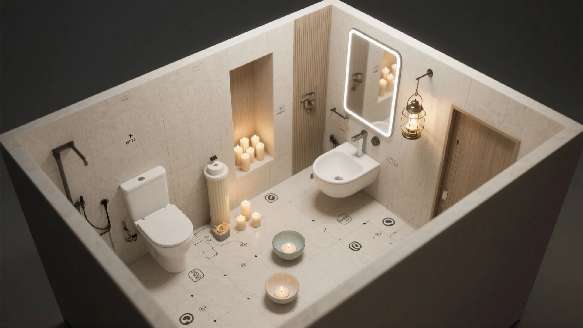 Interior design drawing showing a small bathroom layout with toilet sink mirror and floor candles