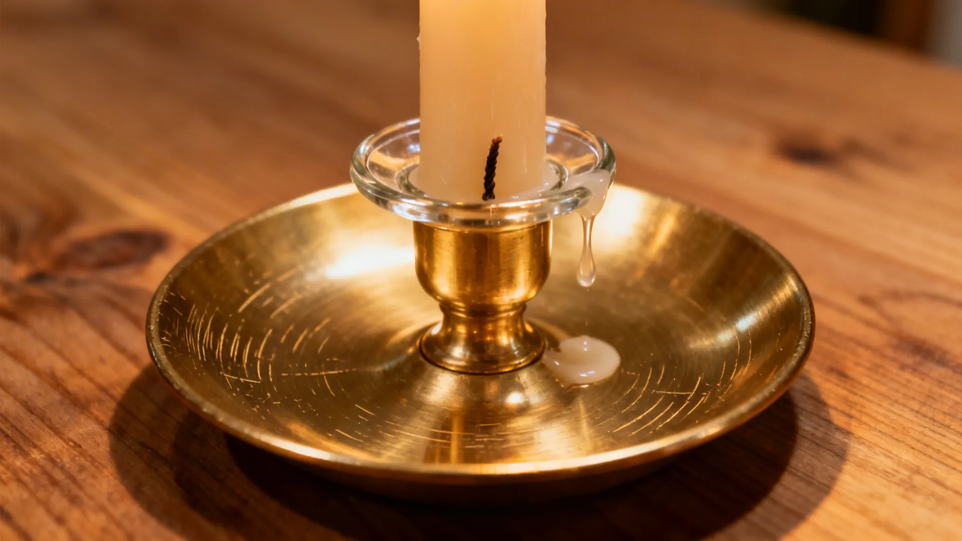 Macro of brushed brass candleholder with trimmed wick and wax-catching bobeche.
