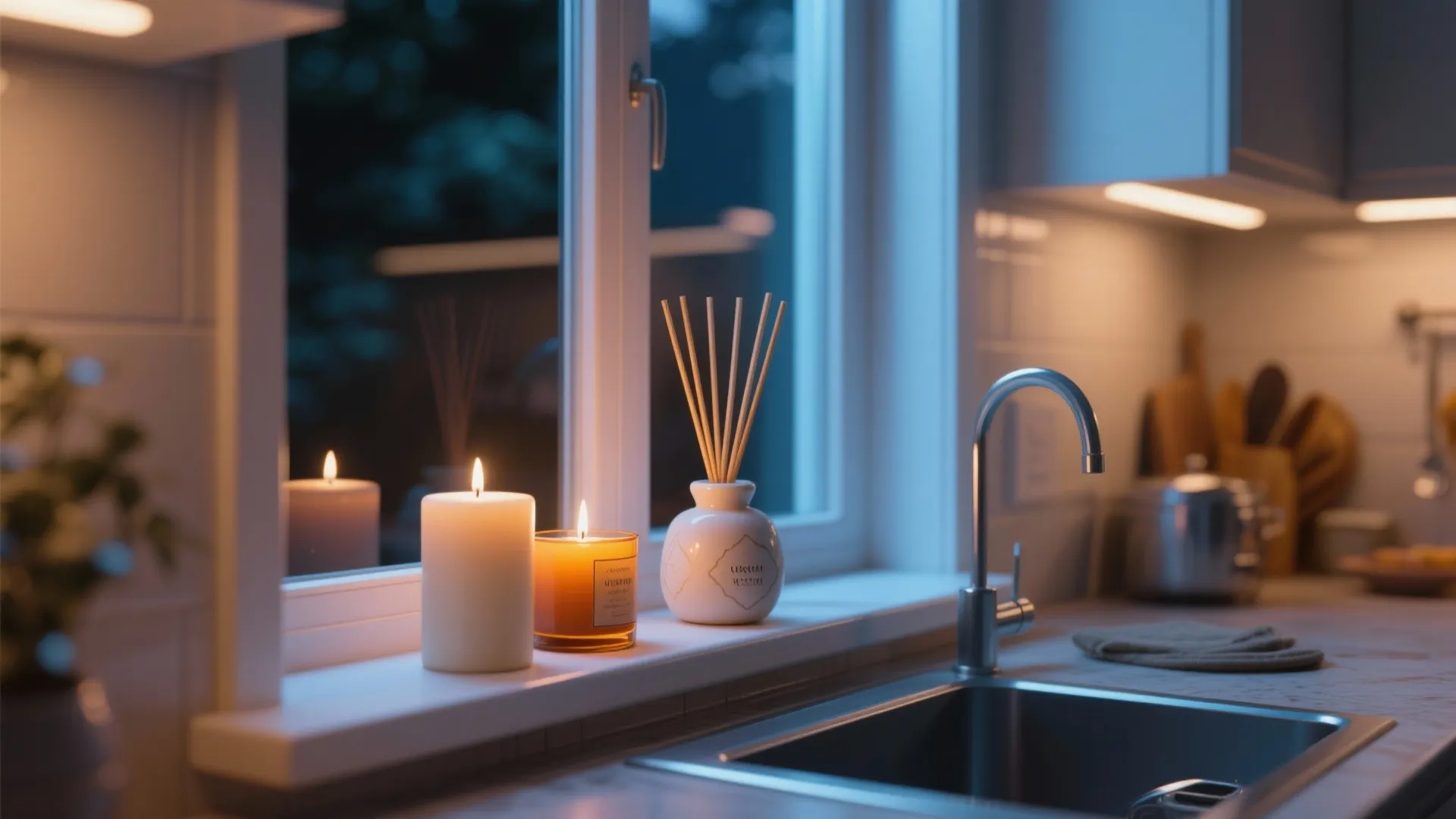 Two lit candles and a reed diffuser on a kitchen window sill in the evening