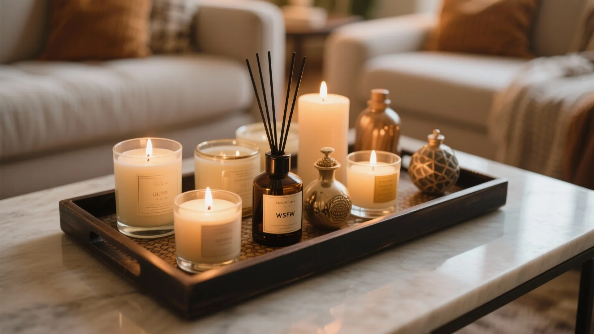 Wooden tray with lit candles and a reed diffuser on a marble coffee table in room