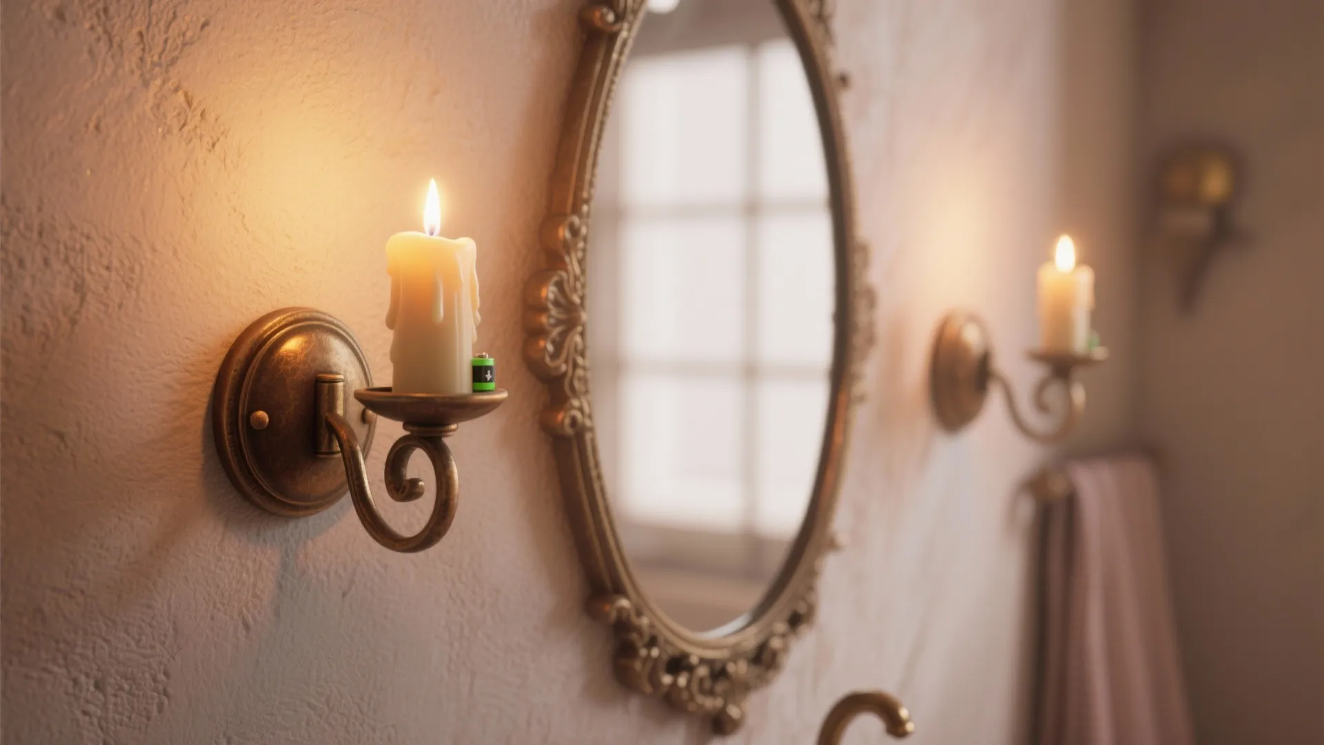 Decorative battery-operated candle sconces beside a mirror casting a warm cozy glow.
