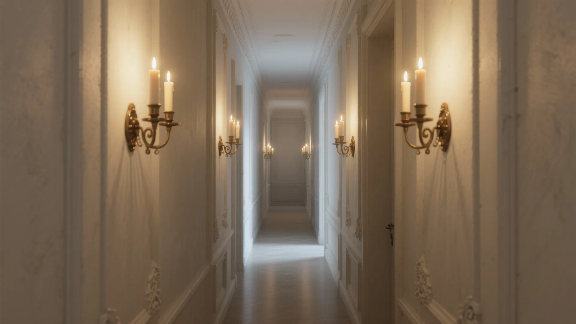 Long classic hallway with white wall panels and several candle wall lights providing a warm glow