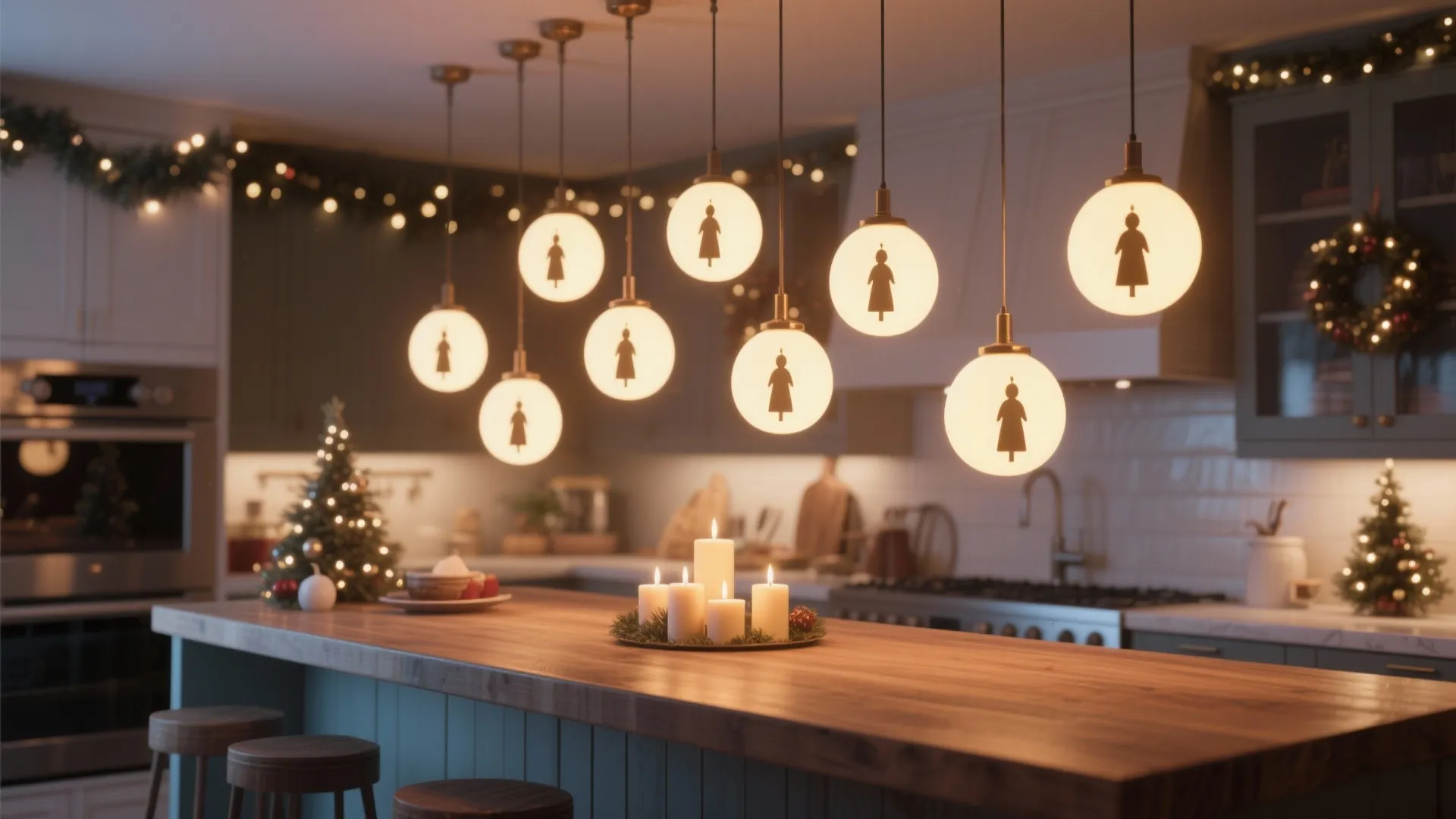 Kitchen island with wooden countertop featuring lit candles small Christmas trees and hanging globe lights