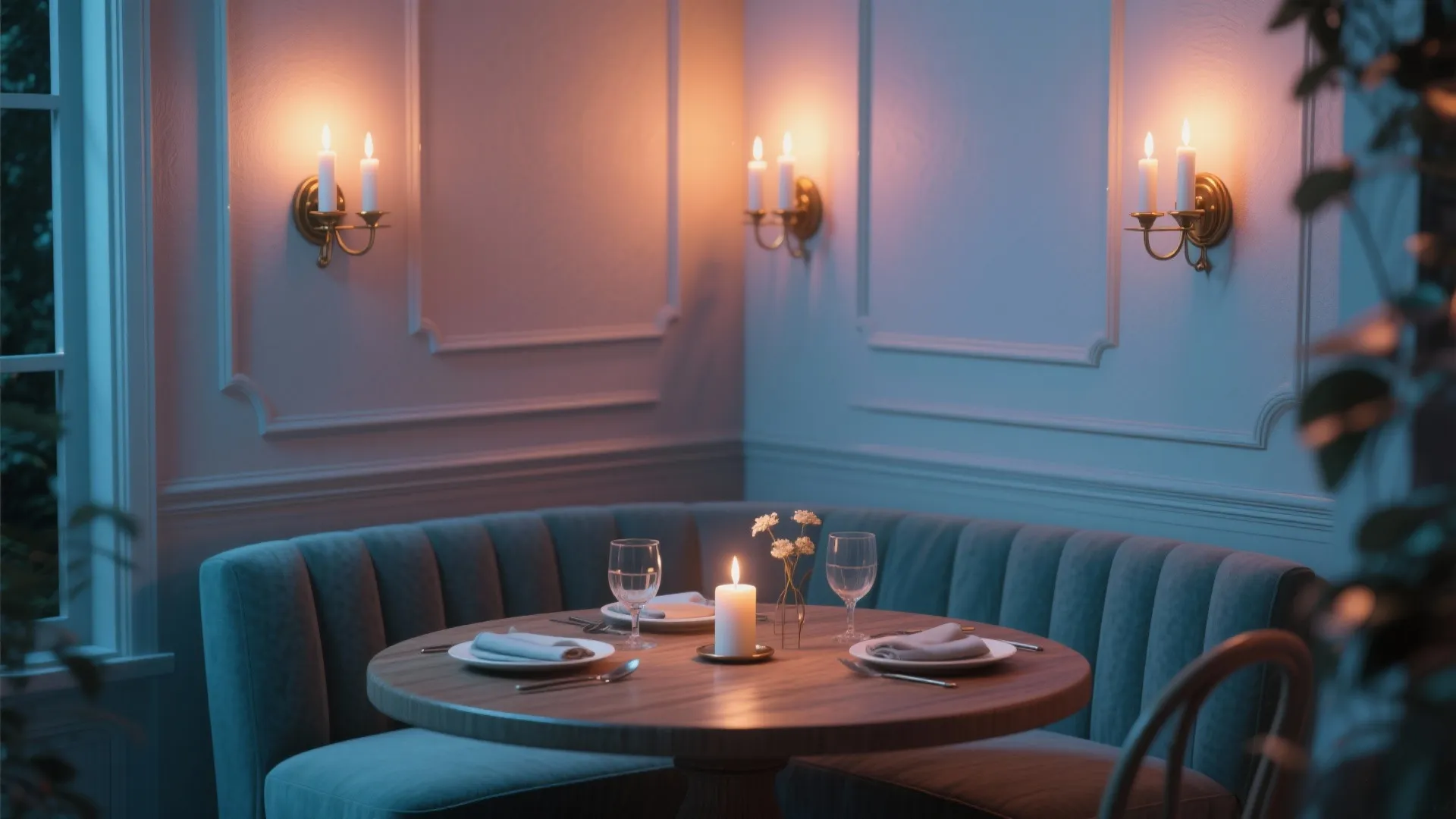 Dining nook with candle-style LED wall lights