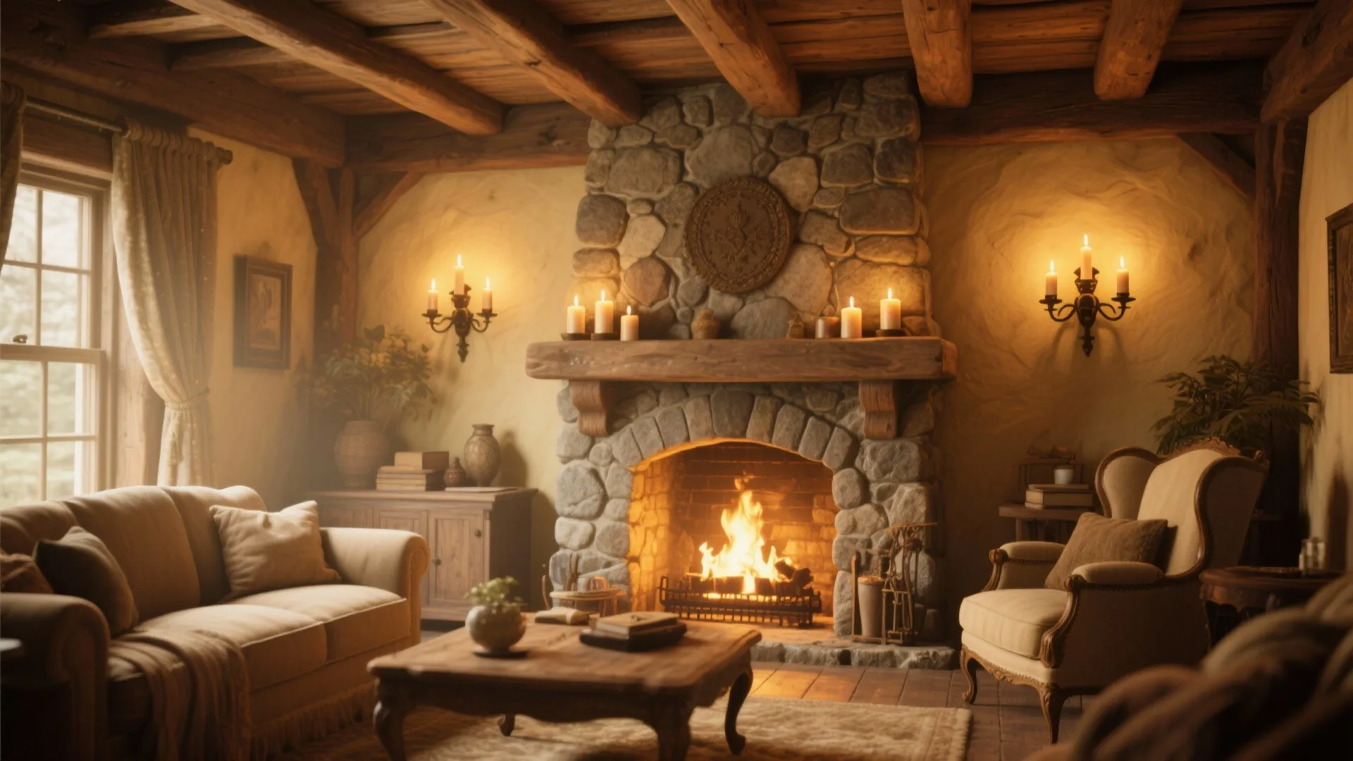 Candle-style wall sconces in rustic living room