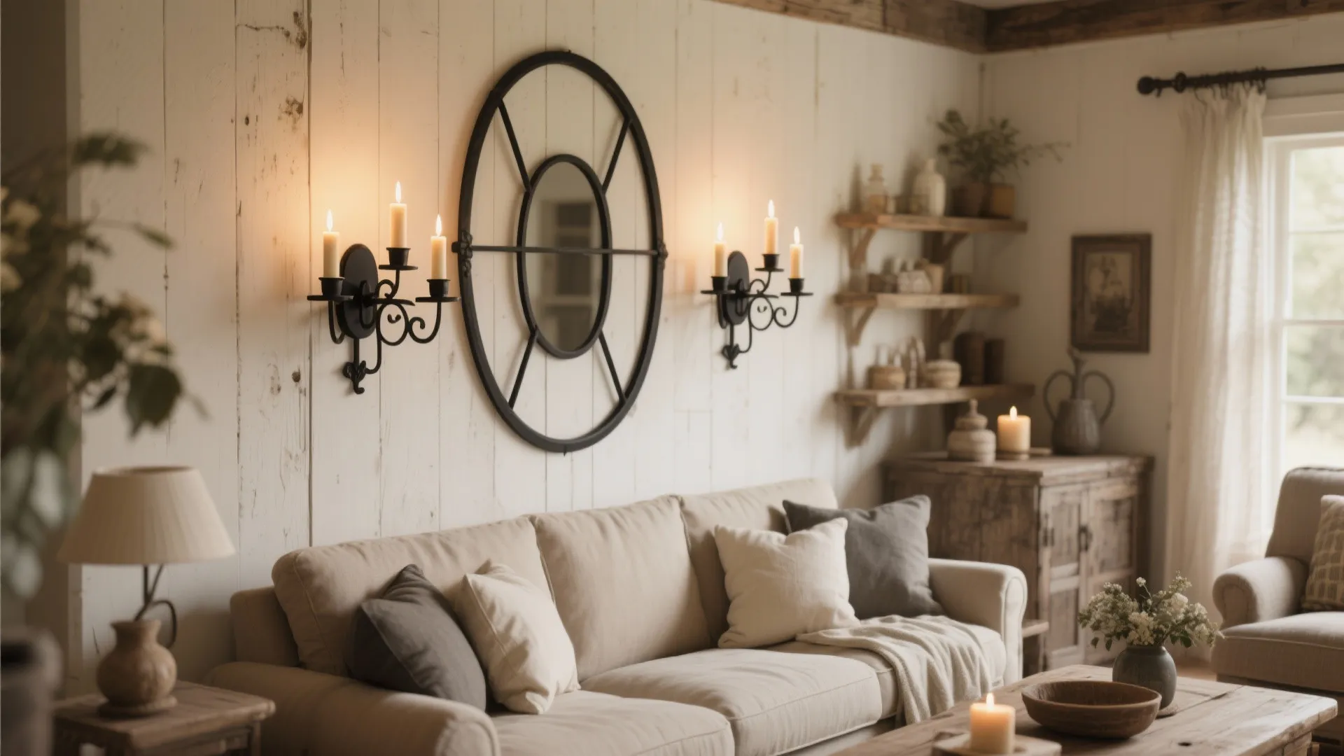 Black iron candle-style sconces in farmhouse living room