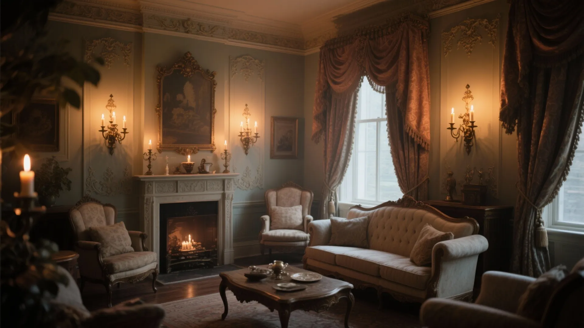 Classic living room featuring a white fireplace beige sofa armchairs wall lights and large windows