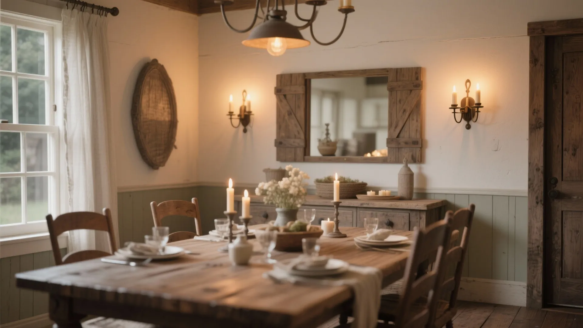 Rustic dining room with candle-inspired wall sconces
