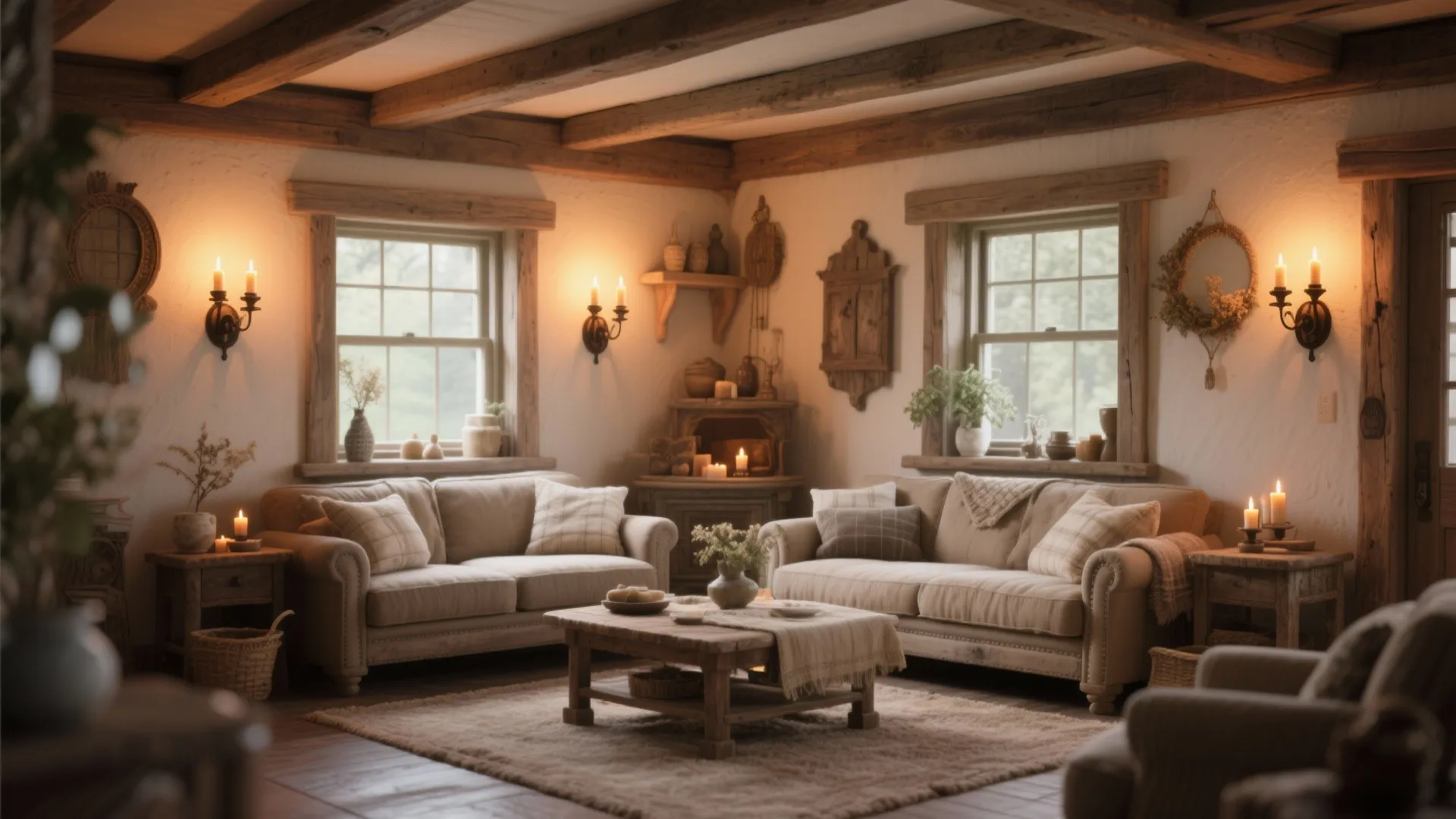 Candle-style wall sconces in a rustic cozy living room