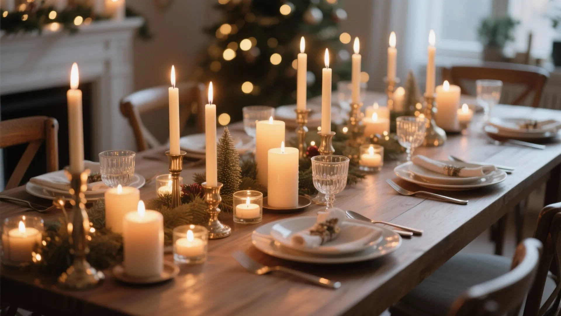 Long wooden dining table set for Christmas dinner with many lit candles and evergreen branch decorations