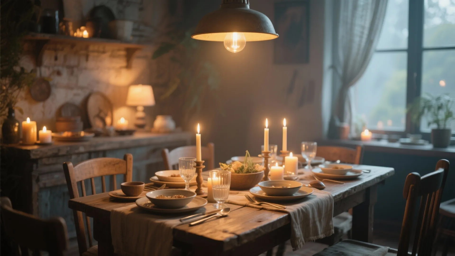 Warm dining table setting with candles for intimate ambiance