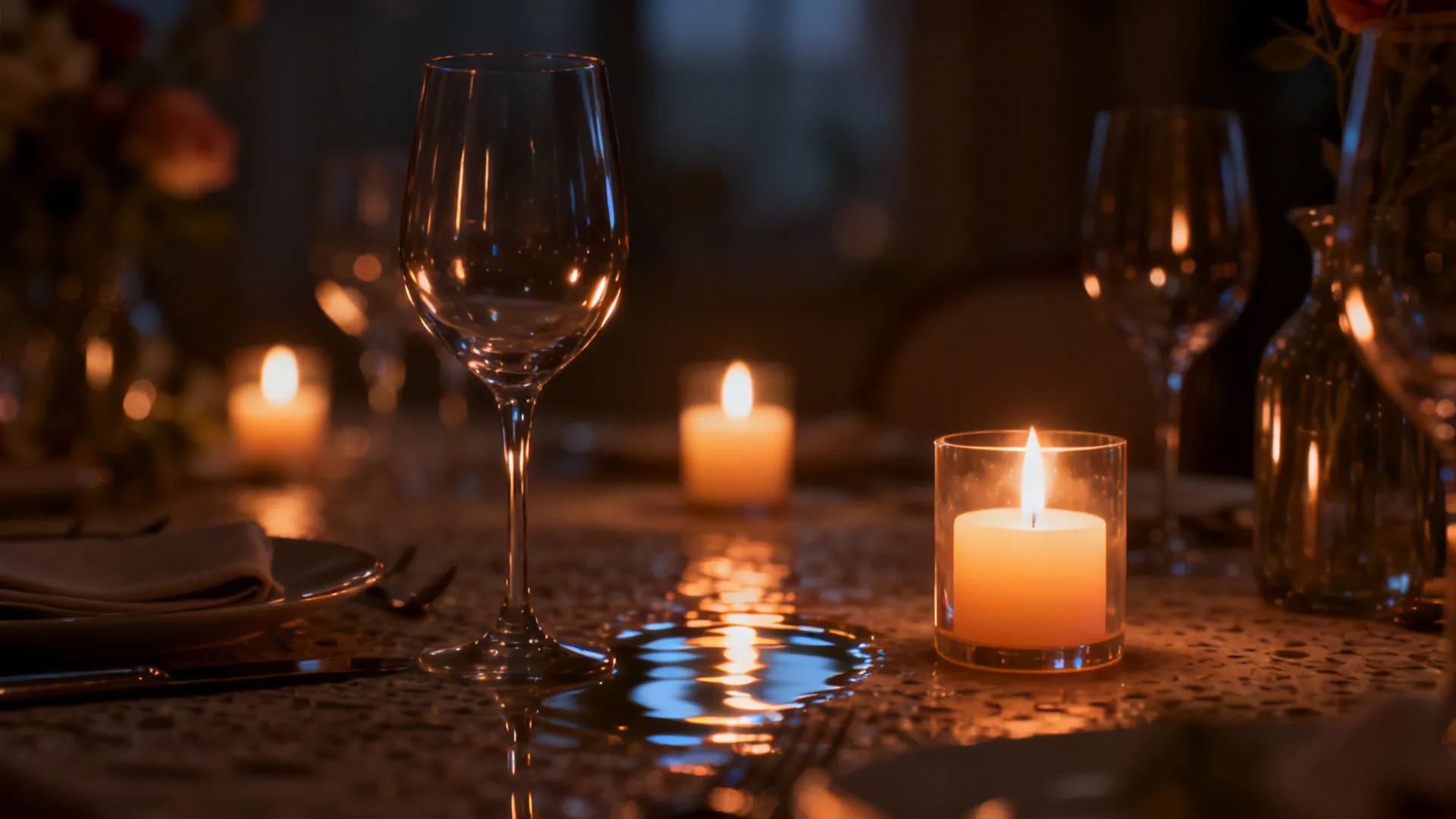 Cozy dining table lit by candlelight and a low-voltage lamp