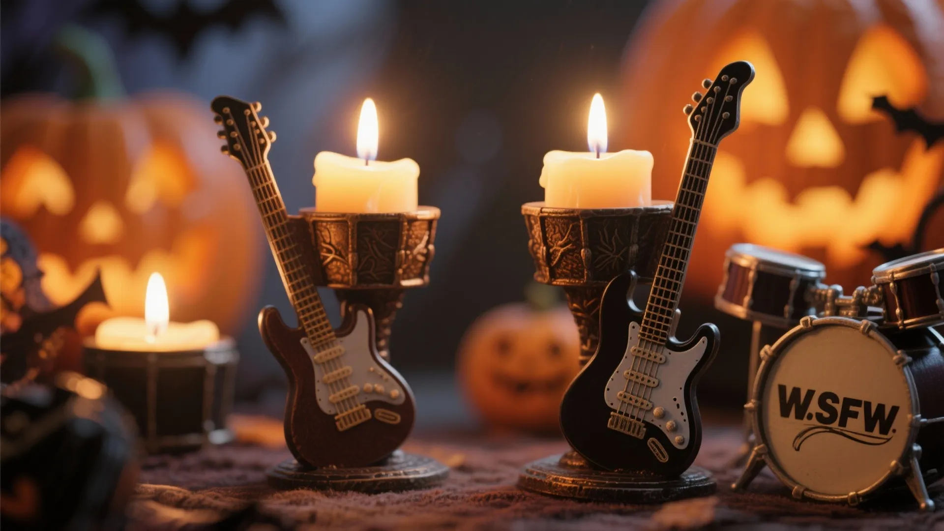Halloween table decorations featuring guitar candle holders small drum set and glowing carved orange pumpkins