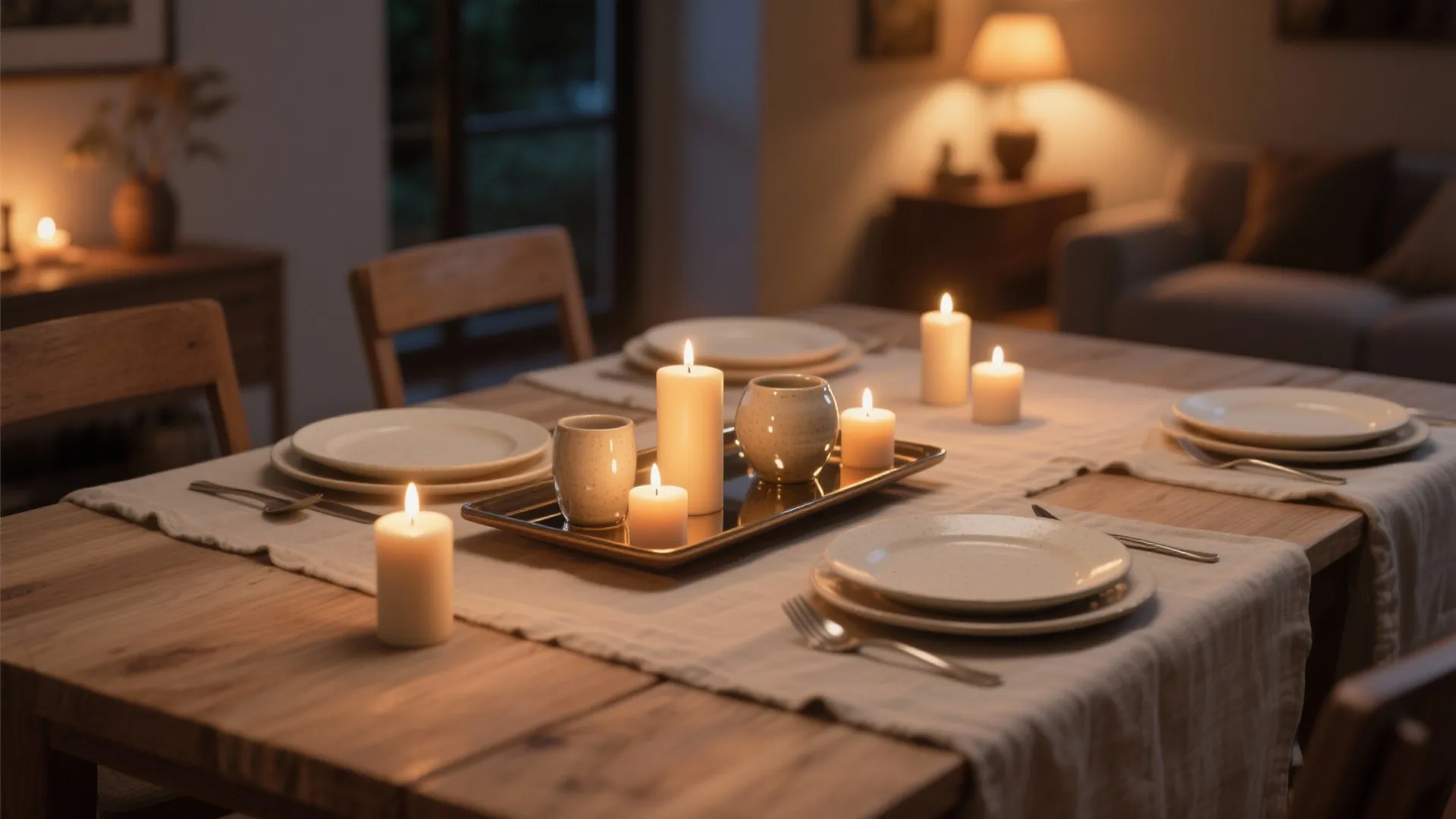 Cozy wooden dining table set with white plates burning candles and warm light in living room