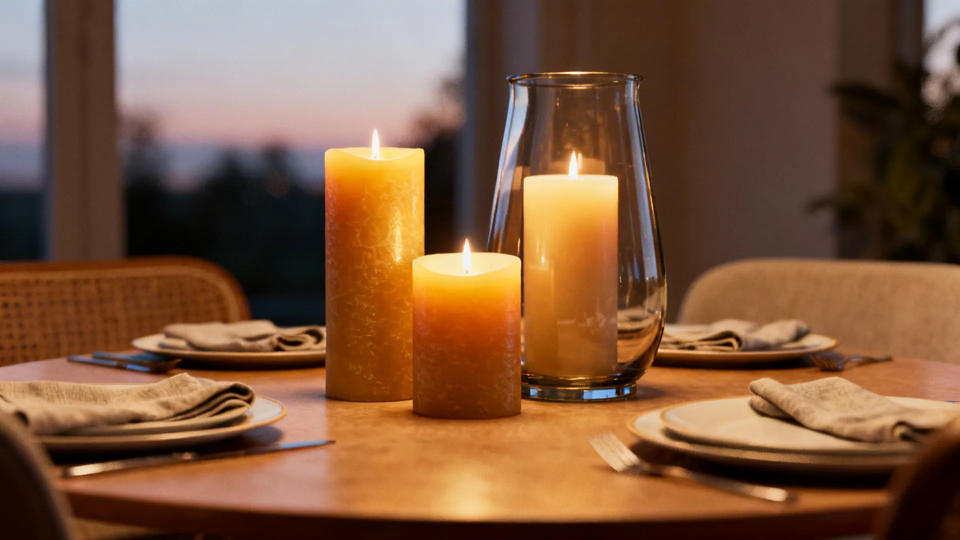 Round table with a cluster of pillar candles and a glass hurricane creating a cozy glow.