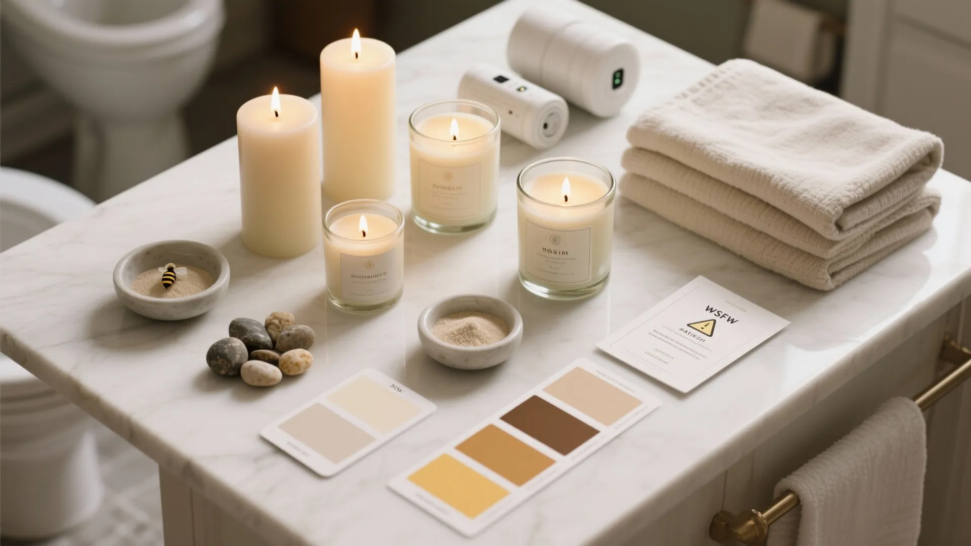 Scented candles and color samples displayed on a white marble counter with soft folded towels