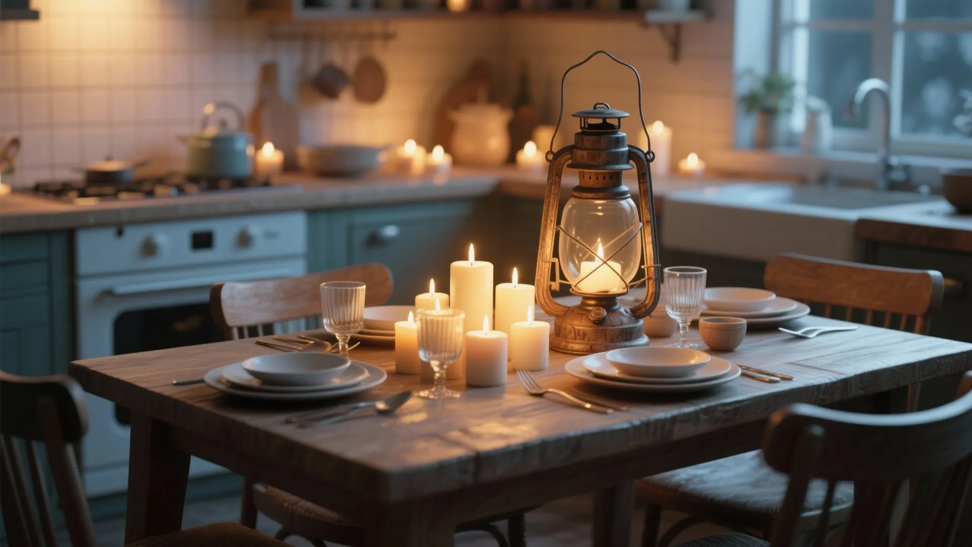 Wooden dining table set with white candles and vintage metal lantern in a cozy kitchen
