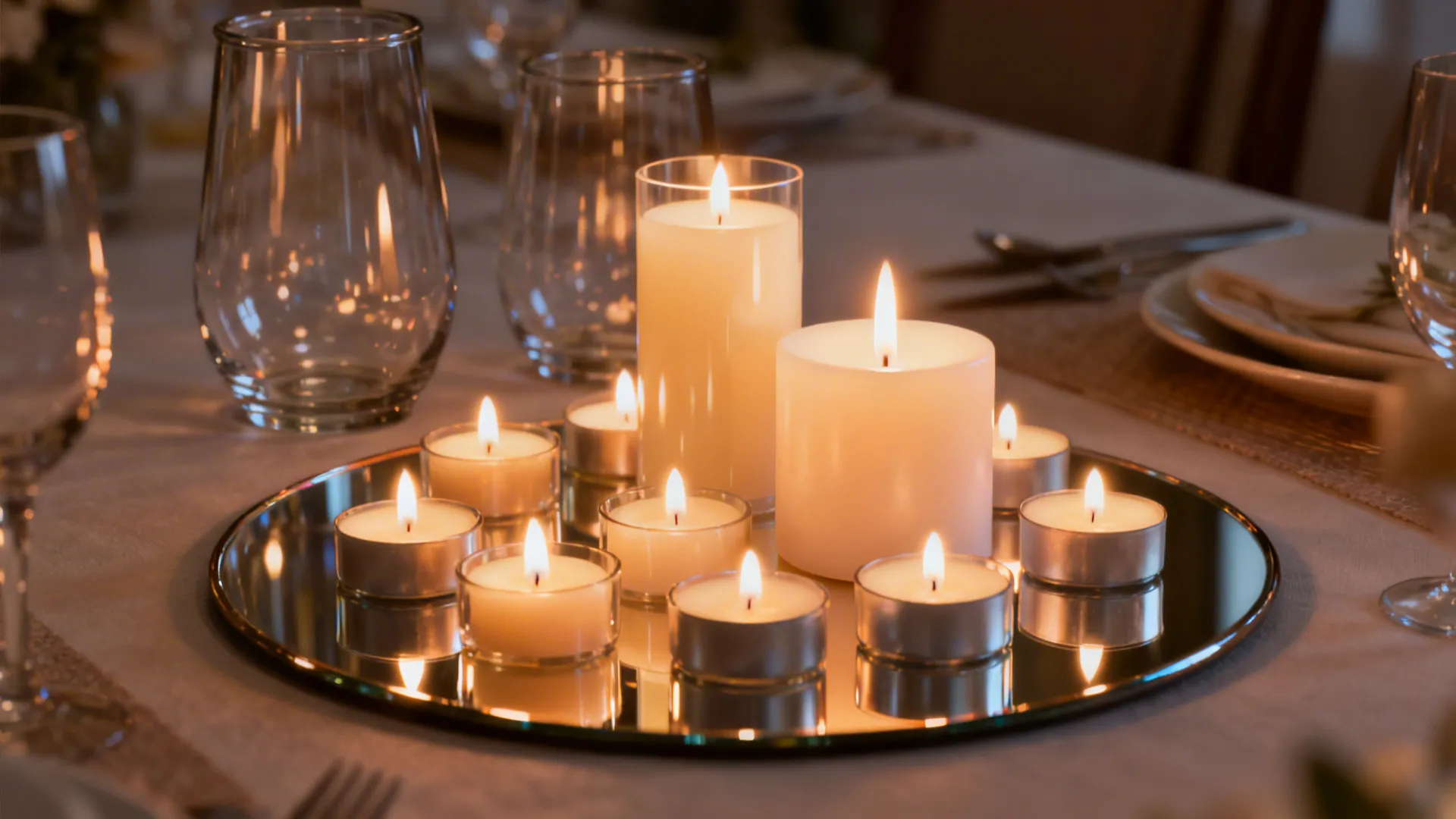 Cluster of low candles on a mirrored pad creating a warm glow on a small table