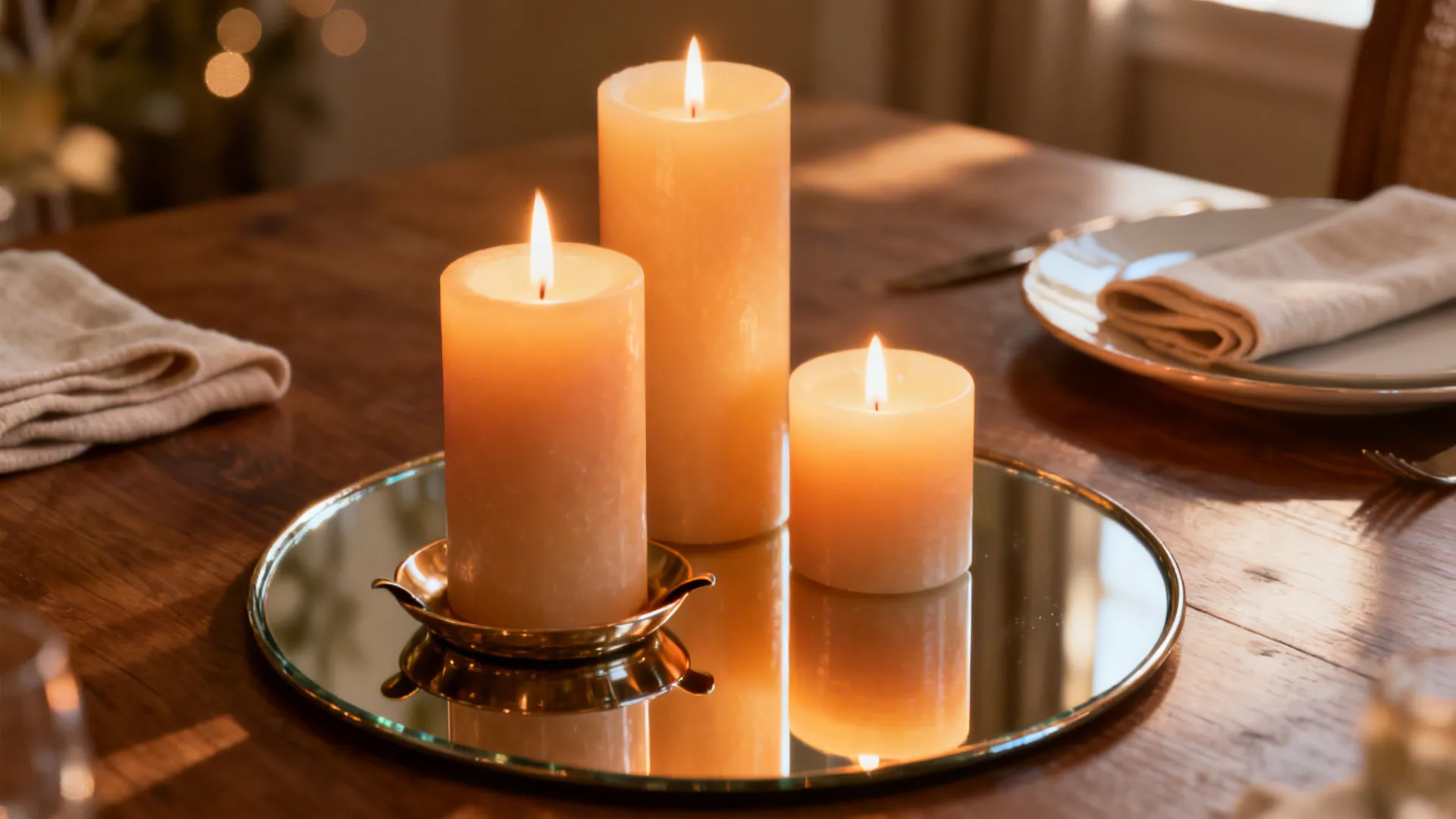 Three candles of different heights on a mirrored tray creating warm reflections on a small table.