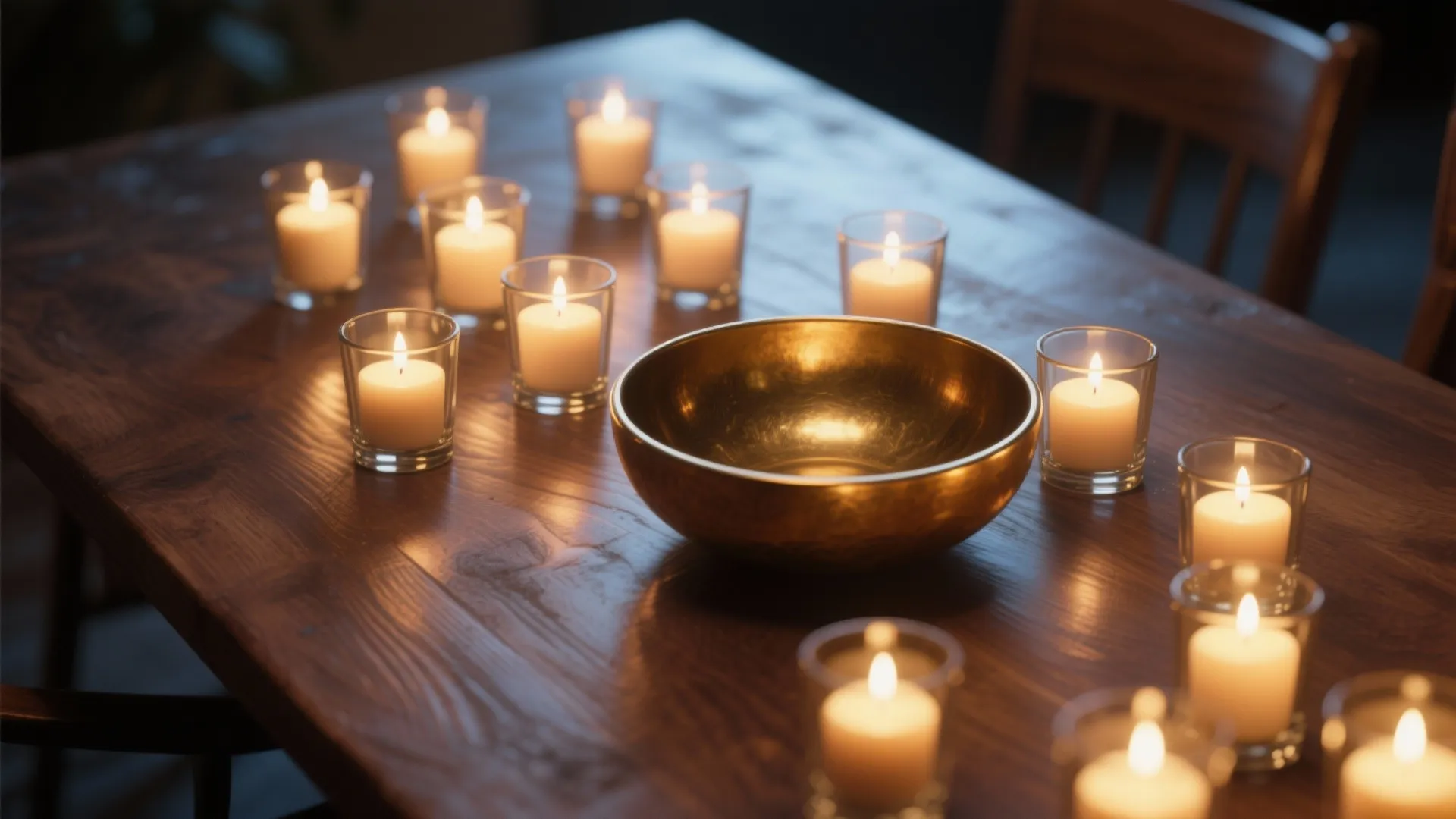 Close-up of clustered glass votives and a brass bowl on an oak table, warm candlelight reflecting across the wood surface.