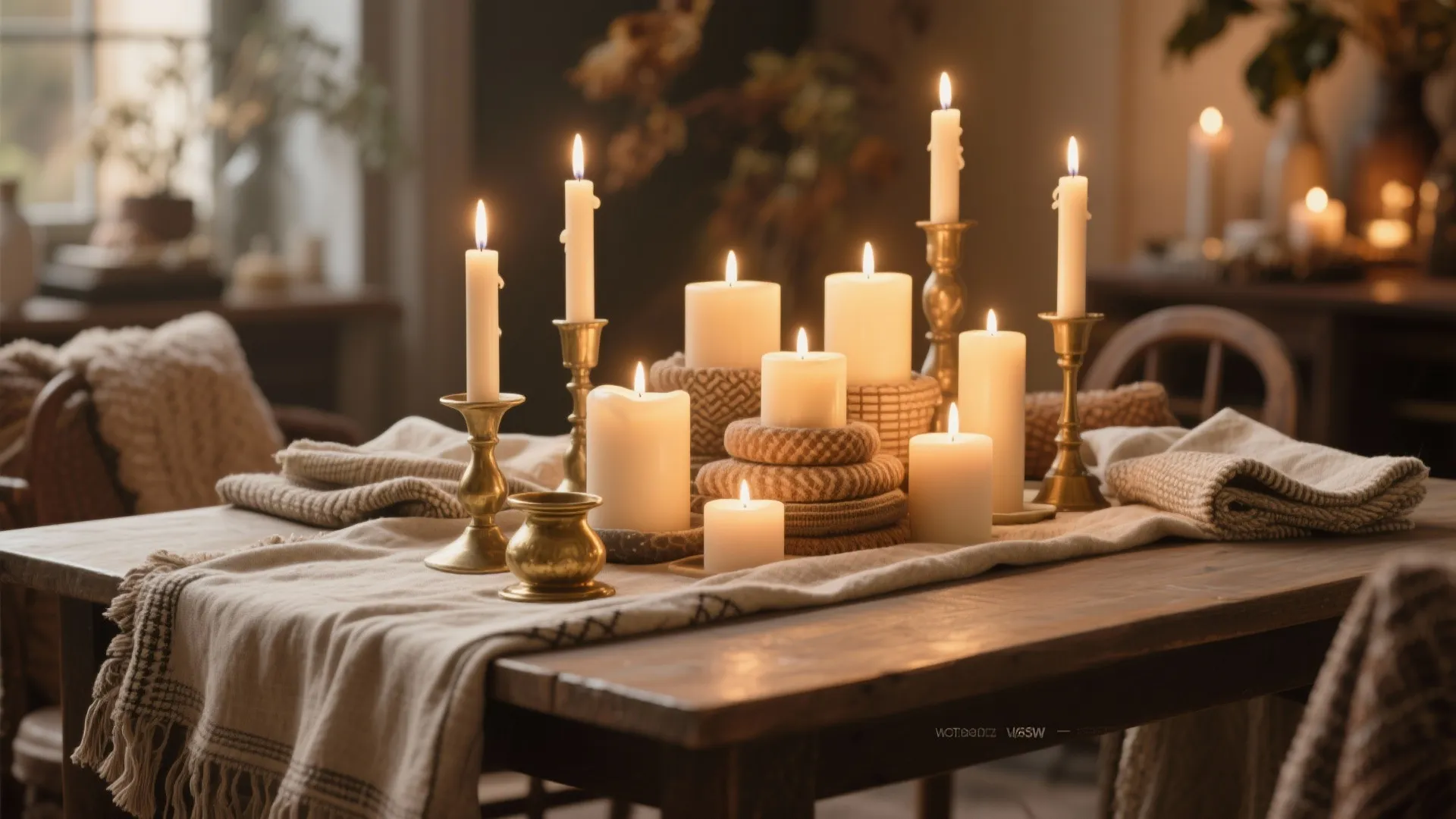 Warm cozy wooden dining table with burning candles on gold holders and soft beige fabric